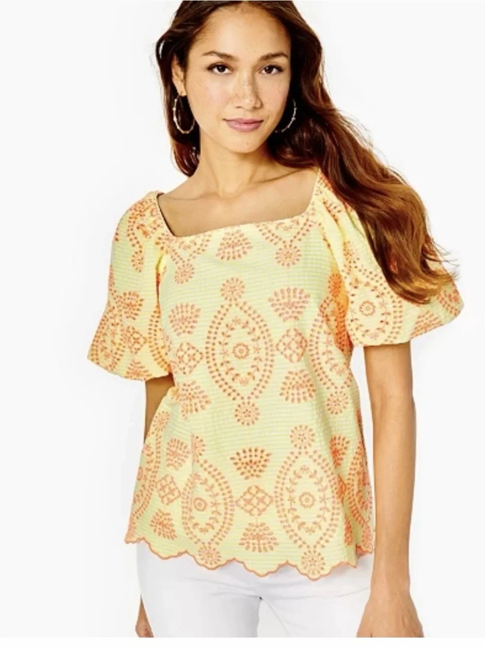 Lilly Pulitzer Lettie Eyelet Top yellow size Large with orange embroidered
